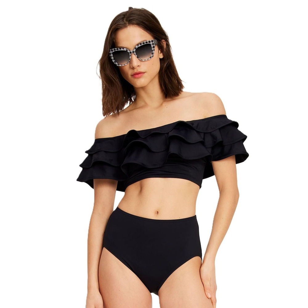 NWT Black Kate Spade New York Solids Ruffle Bandeau‎ Bra Bikini Top - Medium